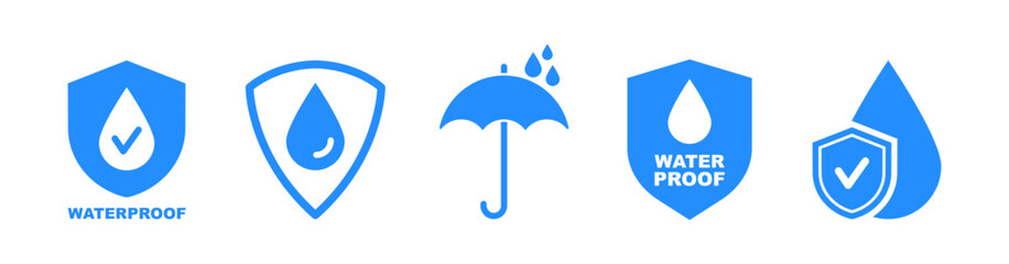 Waterproof icons. Water Proof sign collection. Water resistant symbol. Water protection icon with shield. Used for package. Vector illustration. - obrazy, fototapety, plakaty