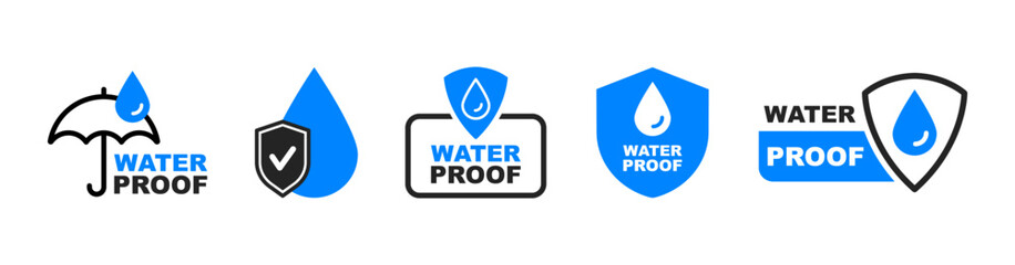 Waterproof icons. Water Proof sign collection. Water resistant symbol. Water protection icon with shield. Used for package. Vector illustration. - obrazy, fototapety, plakaty