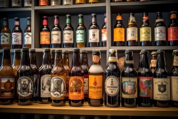 An image showing a range of artisanal beer bottles with handwritten labels, displayed on a wooden shelf.