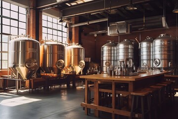 An inside view of a craft beer brewery showing the stainless steel tanks, pipes, and a stack of wooden barrels used in the beer-making process.
