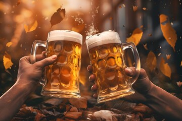 Picture of hands toasting with beer mugs in a traditional beer garden. - obrazy, fototapety, plakaty