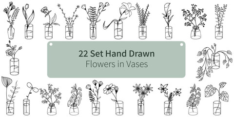 22 Set Hand Drawn. Flower in Vases