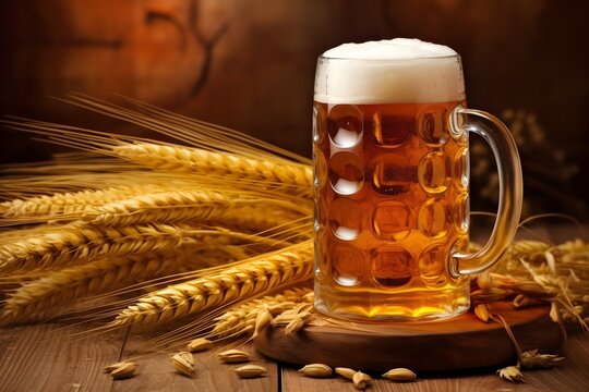 An image of an old-fashioned beer stein with a backdrop of golden barley, representing the ingredients and tradition of beer making.