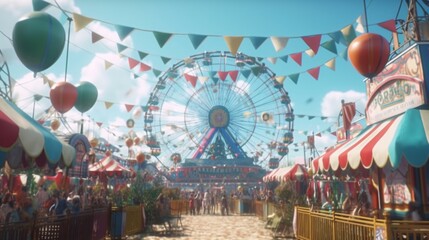 Generative Ai. Amusement park with Ferris wheel - obrazy, fototapety, plakaty