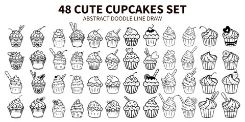 48 CUTE CUPCAKES SET. ABSTRACT DOODLE LINE DRAW