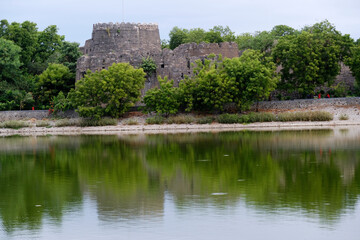 Fototapeta na wymiar 24 June 2023, Solapur, India, The View from siddheshwar temple Lake, Solapur Bhuikot Killa (Fort) Solapur Maharashtra India Asia.
