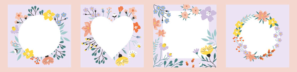 Naklejka na ściany i meble A set of greeting cards. Hand-drawn field and garden flowers. Vector illustration of bouquets. Collection of greeting card templates. Modern holiday illustration.