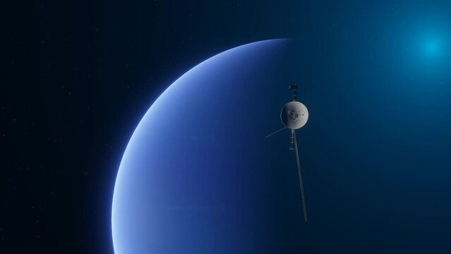 3D animation showing the Voyager spacecraft flying towards Neptune.