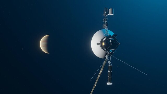 3D animation showing the Voyager space probe leaving Jupiter.