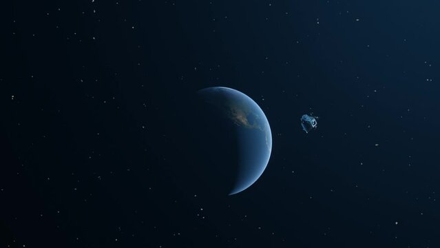 3D animation showing the Apollo Lunar Module quickly flying past the camera in the direction of Earth.