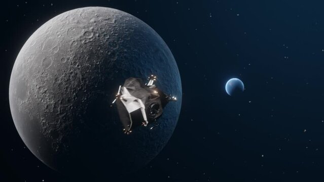 3D animation showing the Apollo Lunar Module flying by the Moon with Earth in the background.