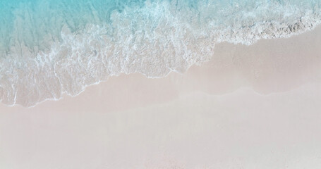 Aerial view with beach in wave of turquoise sea water shot, Top view of beautiful white sand background - obrazy, fototapety, plakaty