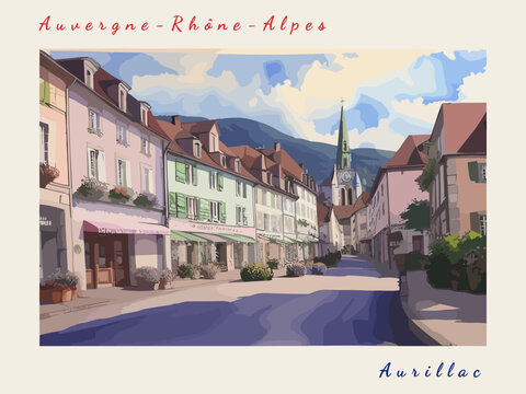 Aurillac: Postcard design with a scene in France and the city name Aurillac