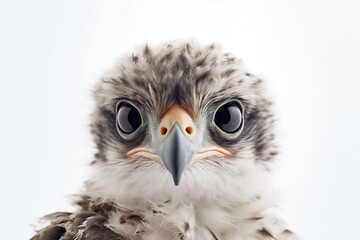 Fototapeta premium A baby falcon, illuminated by studio light, captivates on a pristine white background. Generative AI.