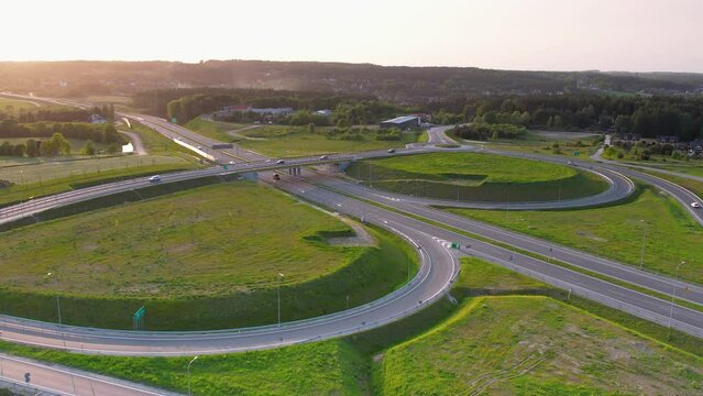 Sunset aerial over highway S6 traffic in Kielno, Gdynia, Poland. Sunset aerial
