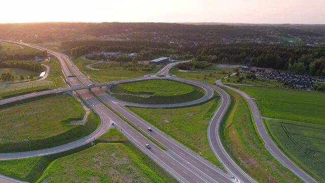 High angle aerial at sunset of highway S6 in Kielno, Gdynia, Poland
