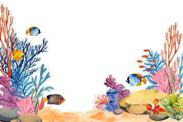 Obraz na płótnie Canvas Coral reefs with tropical fish, rocks and algae. Underwater landscape. Bright watercolor illustration. The plot for the design of banners, souvenirs, postcards, posters, design and printing