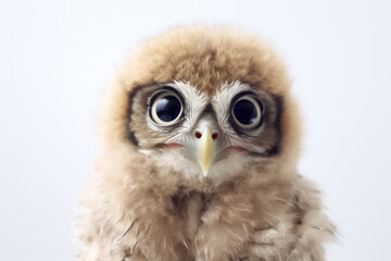 Obraz premium A delightful baby owl steals the spotlight in a studio, capturing hearts on a white background. Generative AI.