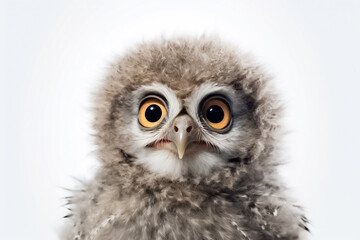 Obraz premium A delightful baby owl steals the spotlight in a studio, capturing hearts on a white background. Generative AI.