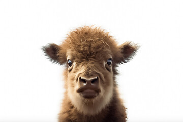 With an air of innocence, a baby buffalo captures hearts as it poses against a white background under studio lighting. Generative AI.