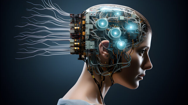 illustration sur le transhumanisme avec des implants &eacute;lectroniques greff&eacute;s dans un cerveau humain - IA g&eacute;n&eacute;rative 