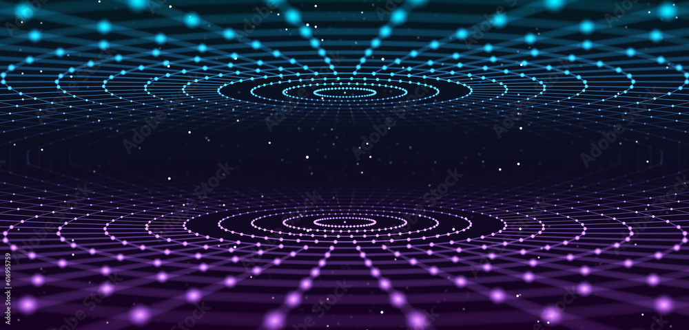 Poster Perspective grid of lines and dots. Network or connection. Abstract digital background of points and lines. Glowing plexus. Big data. Abstract technology science background. 3d rendering