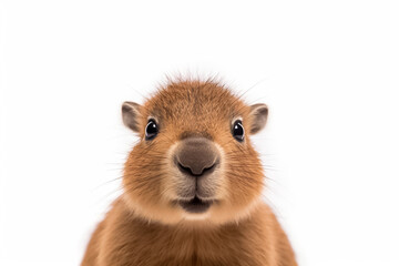 A studio captures the essence of a baby capybara as it poses against a clean white background, illuminated by soft light. Generative AI.