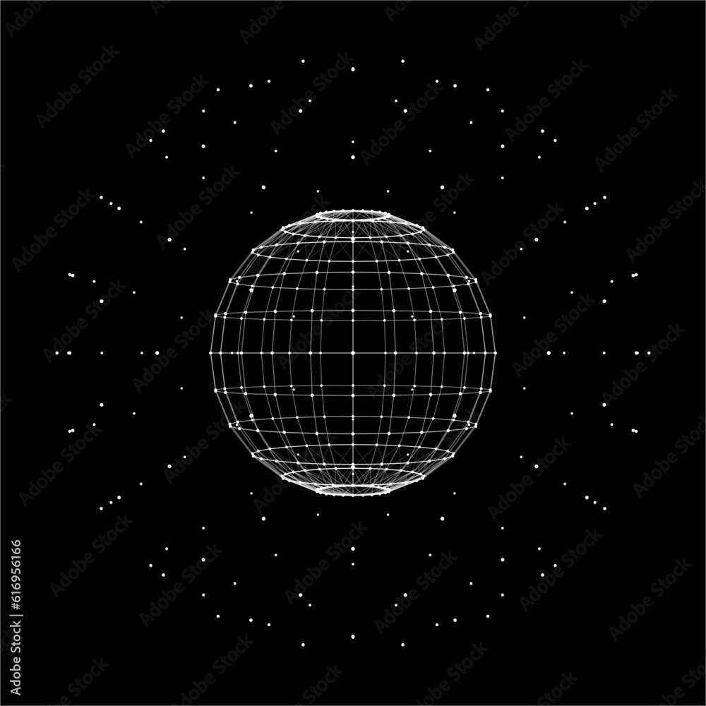 Poster Abstract 3D sphere of particles and lines. Ball or globe of points. Futuristic digital technology. Network or connection. Illustration of sphere. Vector
