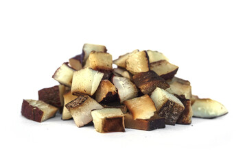 Close up view of dried coconut chips in white background