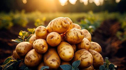 Freshly picked potatoes on farmer field, healthy organic produce.