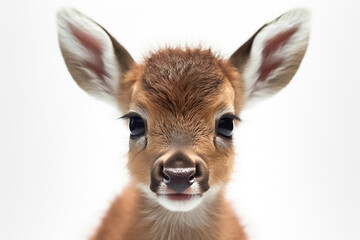 A baby deer radiates joy and innocence as it poses against a pristine white background, embraced by studio light. Generative AI.