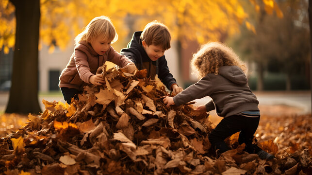 un groupe d'enfant jouent dans un gros tas de feuilles mortes dans un parc &agrave; l'automne - IA g&eacute;n&eacute;rative