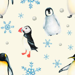 Watercolor winter seamless pattern with king penguins under snowflakes and puffin birds isolated. Hand painting realistic Arctic and Antarctic ocean mammals. For designers, decoration, postcards, wrap