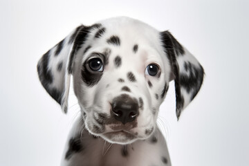 In a world of simplicity, a baby dalmatian dog takes center stage on a white background, bathed in the glow of studio light. Generative AI.