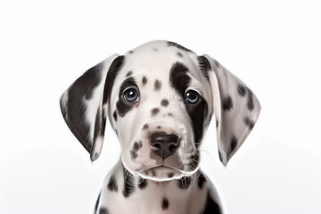 In a world of simplicity, a baby dalmatian dog takes center stage on a white background, bathed in the glow of studio light. Generative AI.