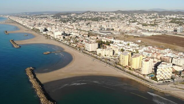 View from drone of Cunit beach and mediterranean sea at Catalonia, Spain