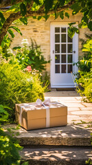 Fototapeta na wymiar Elegant gift shop delivery, postal service and luxury online shopping, parcel box with a bow on a house doorstep in the countryside, generative ai