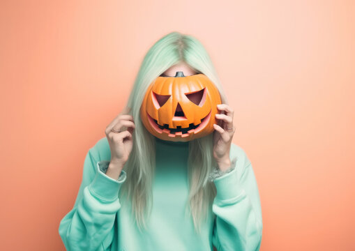 A Girl Wearing A Pumpkin Mask For Halloween In Front Of A Pink Pastel Background. Generative AI