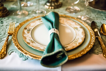 Elegant dinner table setting arrangement in English country style as flatlay tablescape, folded napkin on a serving plate, tableware and holiday table decor, generative ai