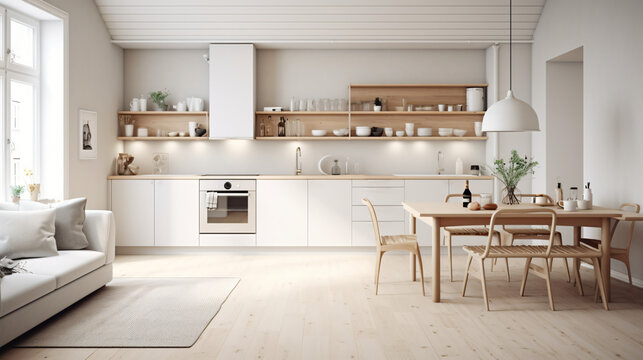 Scandinavian Indoor Design: Inspiring Real-Estate Rooms, Nature-Inspired new modern loft apartment. 3d rendering
Generative AI