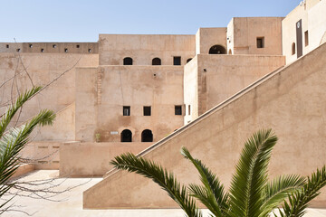Courtyard Detail in Sousse Kasbah with Foreground Palm Trees, Tunisia