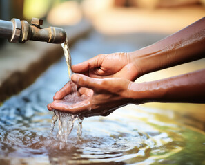 Drinking water supply, hands catch water at wells - Right to water issue, drought, aridity and climate change - Generative AI.