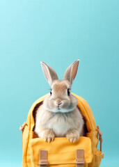 Obraz premium Cute little bunny wearing a backpack is ready for school, minimal pastel backdrop. Generative AI