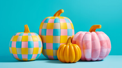 Cute pumpkins with colorful stripes on mint floor against blue sky wall. Generative AI