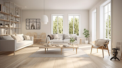 Naklejka na ściany i meble Scandinavian Indoor Design: Inspiring Real-Estate Rooms, Nature-Inspired new modern loft apartment. 3d rendering Generative AI