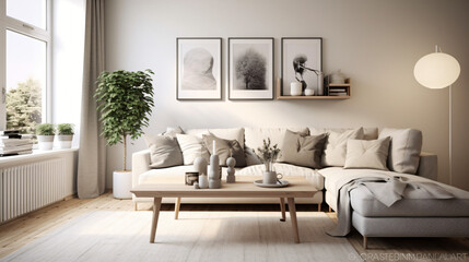 Fototapeta premium Scandinavian Indoor Design: Inspiring Real-Estate Rooms, Nature-Inspired new modern loft apartment. 3d rendering Generative AI