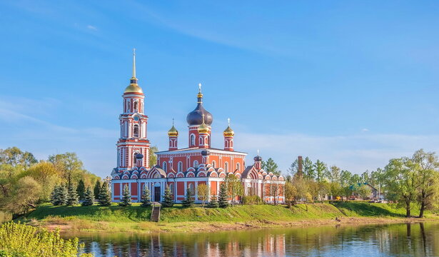 Beautiful Orthodox cathedral on the river bank in Staraya Russa