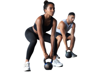 Fit and muscular couple focused on lifting a dumbbell during an exercise class on a transparent background