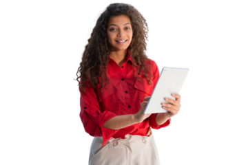 Attractive businesswoman in red shirt looking at camera while standing on a transparent background