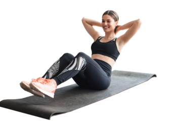 Attractive slim girl in sportswear is doing abs exercise on a transparent background. Healthy lifestyle.